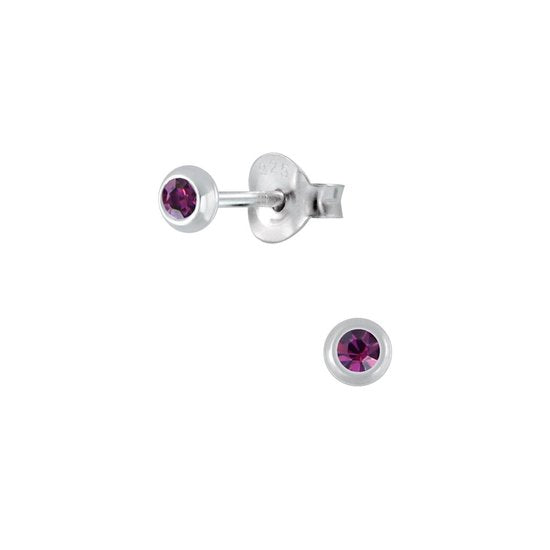 Joy|S - Zilveren mini rond oorbellen - 3 mm - paars kristal voor kinderen