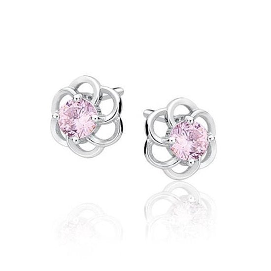 Joy|S - Zilveren elegante bloem oorbellen 8 mm roze zirkonia - gehodineerd
