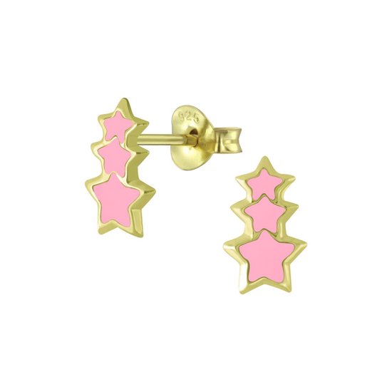 Joy|S - Zilveren ster oorbellen - 6 x 10 mm - 3 sterren roze - goudplating