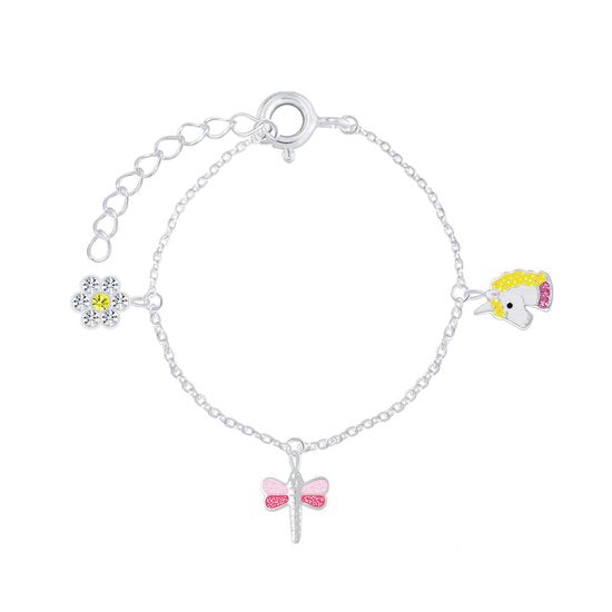 Joy|S - Zilveren bedel armband - eenhoorn / unicorn - bloem - libelle