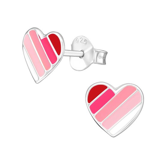 Joy|S - Zilveren hartje oorbellen - 7 mm - roze wit gestreept