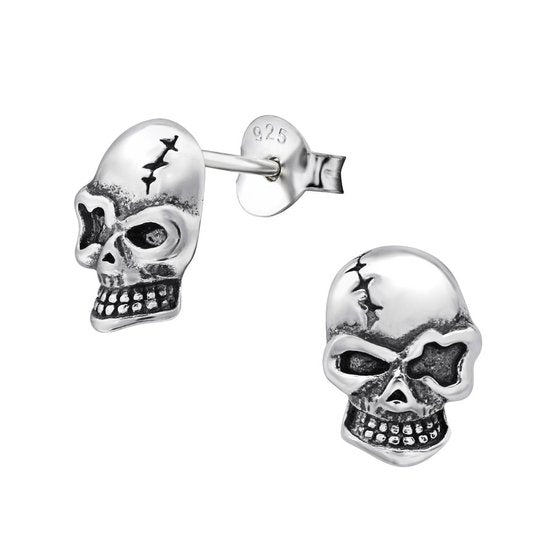 Joy|S - Zilveren schedel skull oorbellen - 7 x 10 mm - geoxideerd