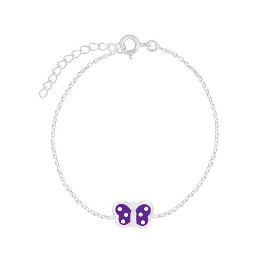 Joy|S - Zilveren vlinder armband - 14 cm + 3 cm extension - paars met witte stippen