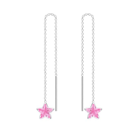Joy|S - Zilveren ster (6 mm ) pull through oorbellen - kettinkje - zirkonia roze