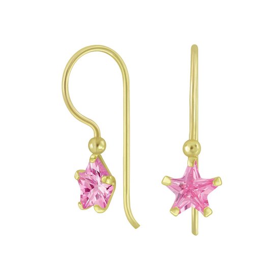 Joy|S - Zilveren classic ster oorbellen zirkonia roze oorhangers - goudplating