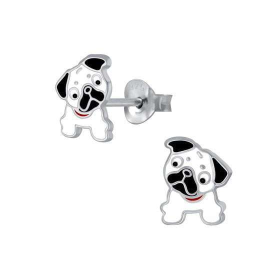 Joy|S - Zilveren hond oorbellen - 6 x 8 mm - wit met zwarte oren - bulldog