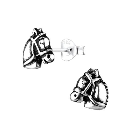 Joy|S - Zilveren paard oorbellen - geoxideerd - 8 x 9 mm - paardenhoofd