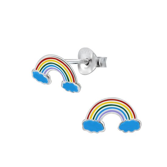 Joy|S - Zilveren regenboog oorbellen met blauwe wolkjes