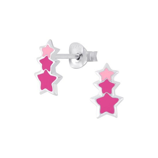 Joy|S - Zilveren oorbellen - 6 x 10 mm - ster roze - 3 sterren