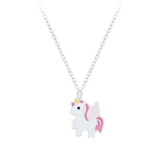 Joy|S - Zilveren eenhoorn hanger 7 x 8 mm met ketting unicorn 36 cm + 5 cm extension
