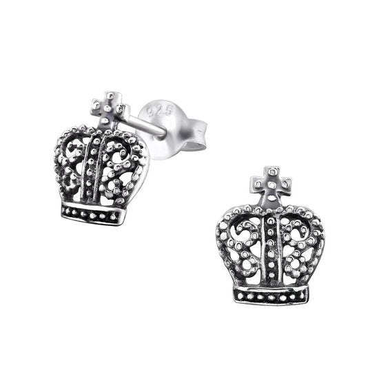 Joy|S - Zilveren kroon oorbellen - 7 x 8 mm - kroontje - geoxideerd