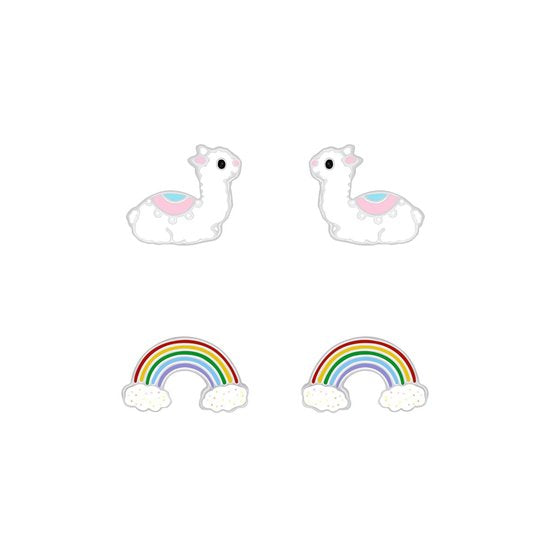 Joy|S - Zilveren oorbellen set 2 paar | Alpaca / Lama | Regenboog