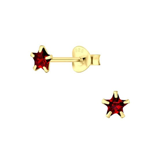 Joy|S - Zilveren petit ster kinderoorbellen - 4 mm zirkonia rood - goudplating
