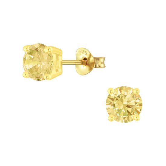 Joy|S - Zilveren oorbellen - rond - zirkonia champagne geel - goudplating - 6 mm