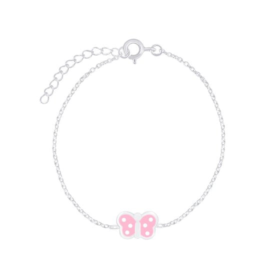 Joy|S - Zilveren vlinder armband - roze met witte stipjes - 14 cm + 3 cm extension