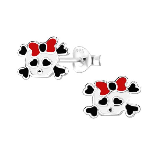 Joy|S - Zilveren halloween oorbellen - skull zwart wit met hartjes