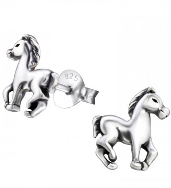 Joy|S - Zilveren paard - pony oorbellen - massief - 8 x 9 mm - geoxideerd