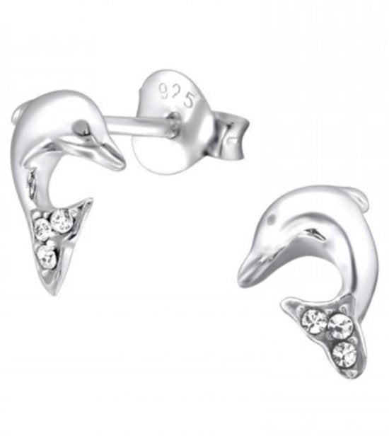 Joy|S - Zilveren dolfijn oorbellen - 6 x 8 mm - kristal