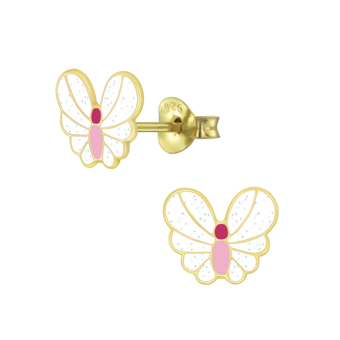 Joy|S - Zilveren vlinder oorbellen - 8 x 7 mm - glitter wit - goudplating