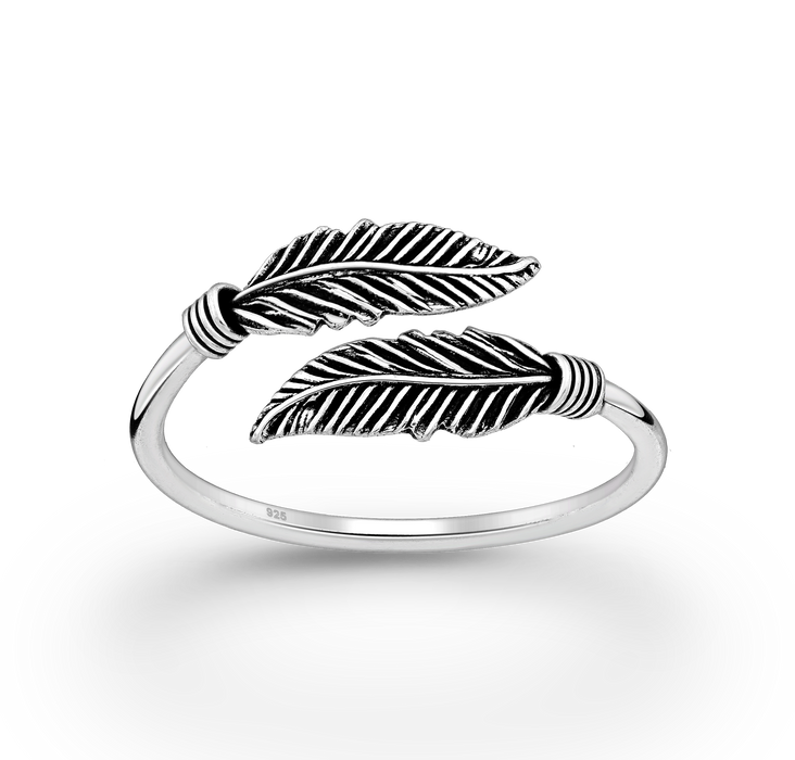 Joy|S - Zilveren Bali veer ring - verstelbaar (maat: zie omschrijving) - geoxideerd - veren aanschuifring