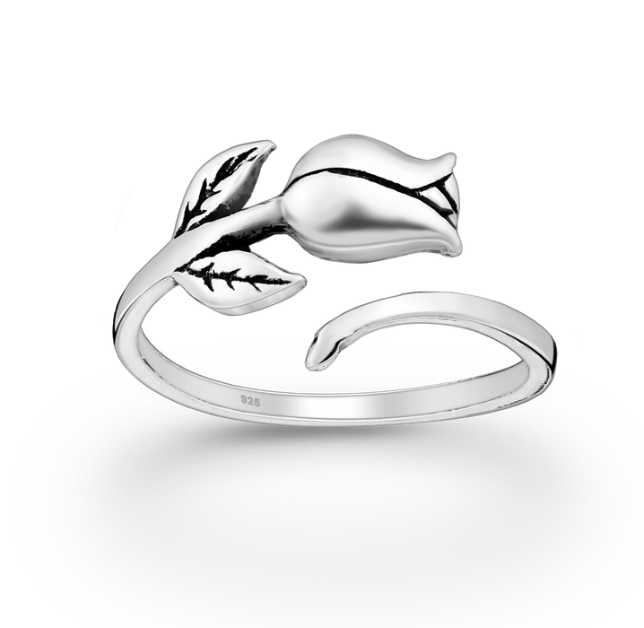 Joy|S - Zilveren roos ring - verstelbaar (maat: zie omschrijving) - geoxideerd - bloem aanschuifring (tulp)