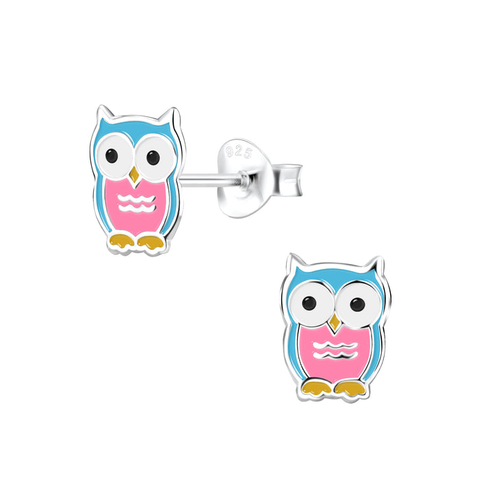 Joy|S - Zilveren uil oorbellen - roze blauw - 6 x 8 mm