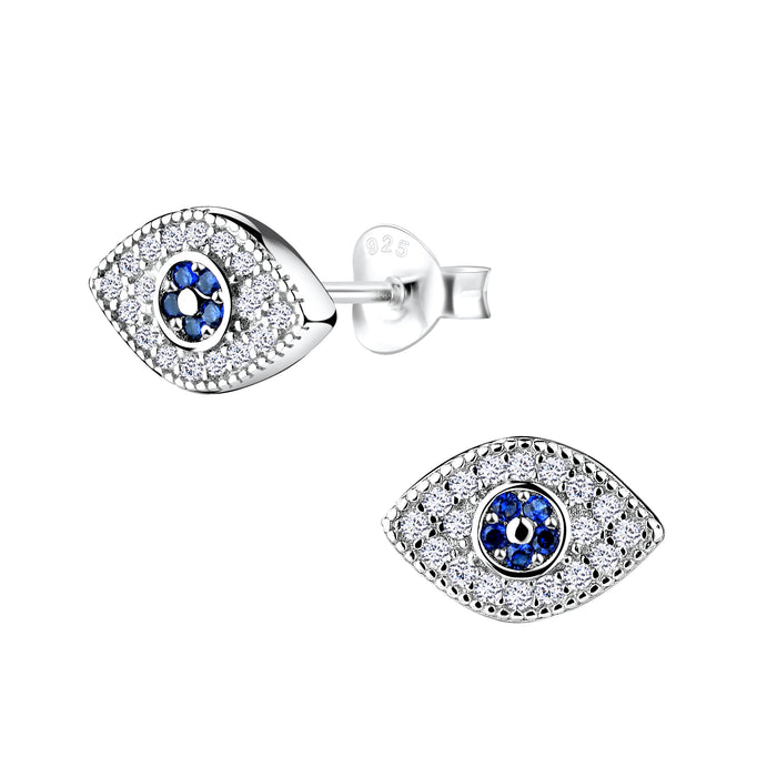 Joy|S - Zilveren boze oog oorbellen - zirkonia - evil eye - gehodineerd - 10 x 7 mm
