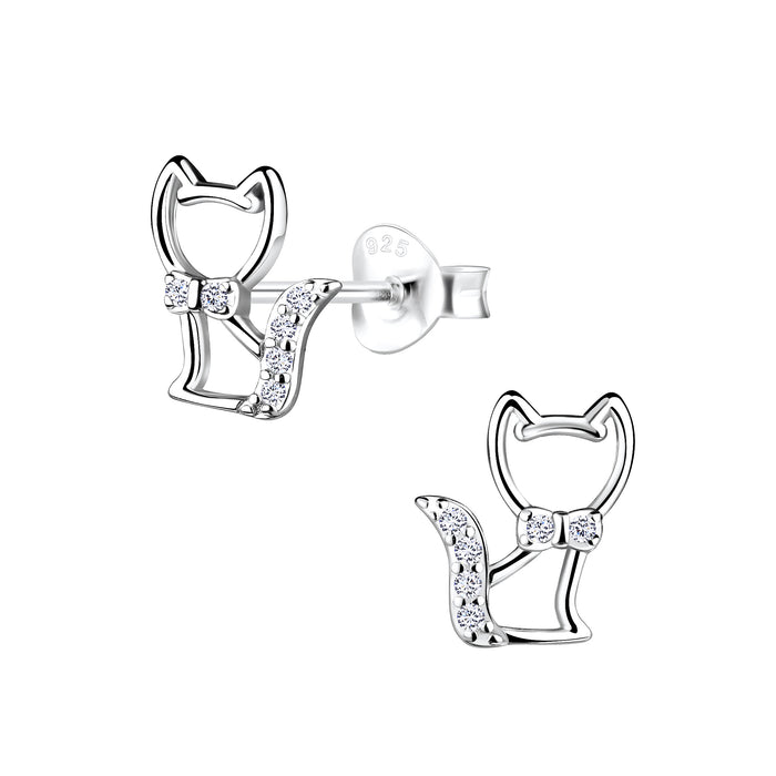 Joy|S - Zilveren kat poes oorbellen met strikje - 8 x 9 mm - zirkonia - gehodineerd