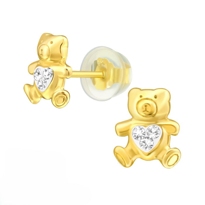 Joy|S - Zilveren beer oorbellen kristal hartje 9 mm - goldplated / goudplating - kinderoorbellen met siliconen vlinder sluiting