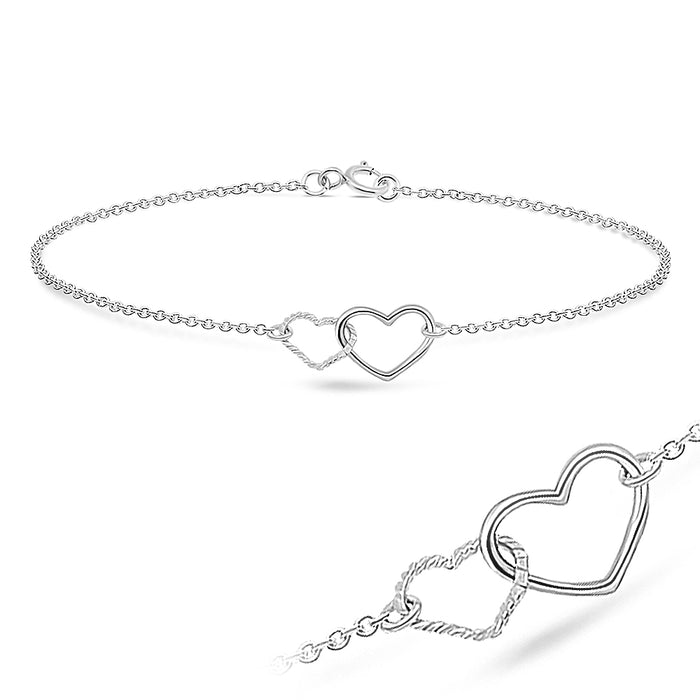 Joy|S - Zilveren hartje enkelband - 2 hartjes - 24 cm - zilver enkelbandje