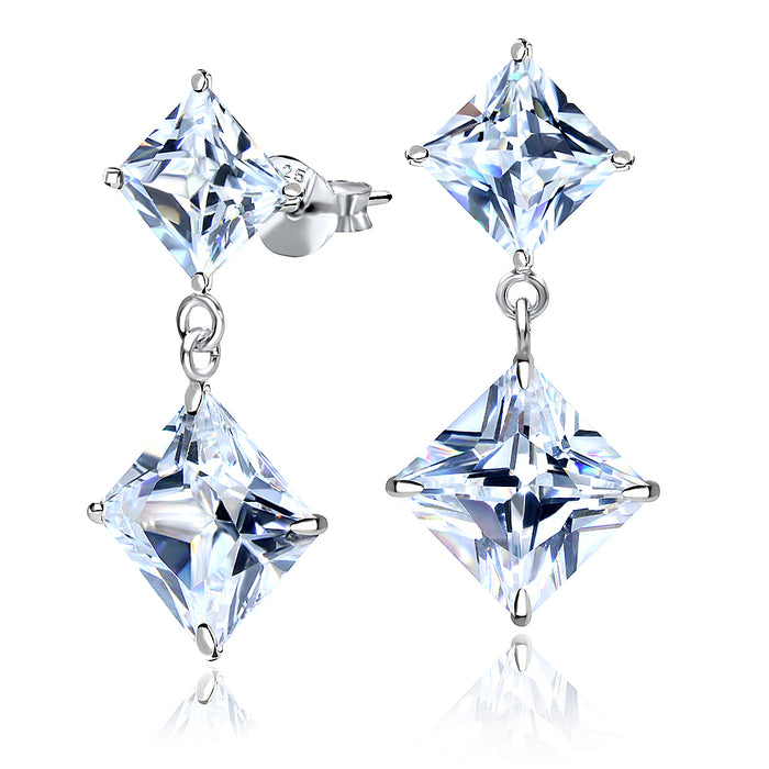 Joy|S - Zilveren oorbellen - ruit met ruit bedel - zirkonia - oorhangers stud - type 2 L