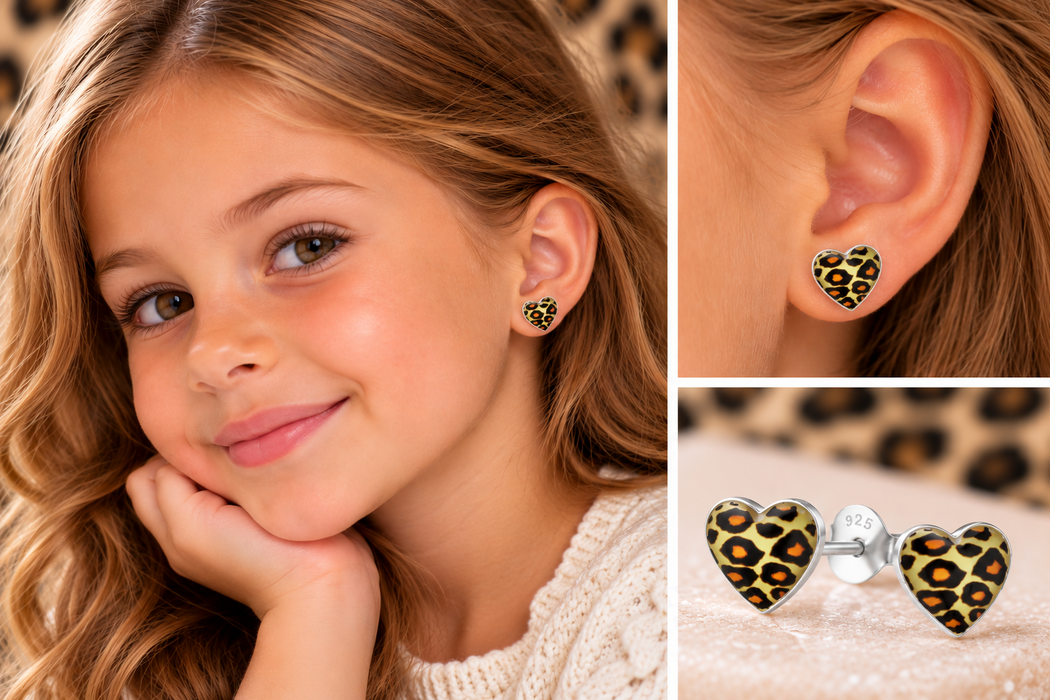 Joy|S - Zilveren hartje oorbellen luipaard panter print 7 mm