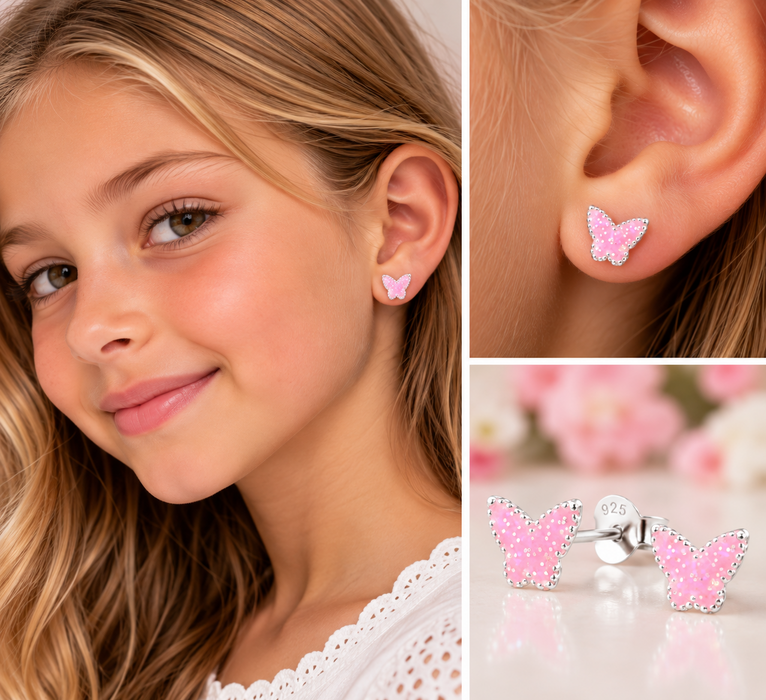 Joy|S - Zilveren vlinder - roze met glitter oorbellen - Sterling zilver 925 - vlinder kinderoorbellen