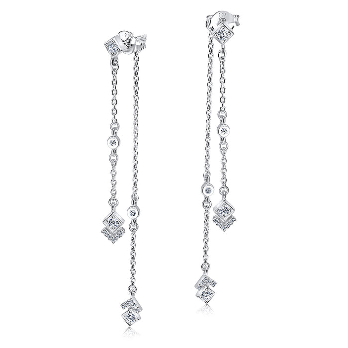 Joy|S - Zilveren oorbellen met kettinkjes - stud - ruit hanger - zirkonia - 8 cm - 925 zilver