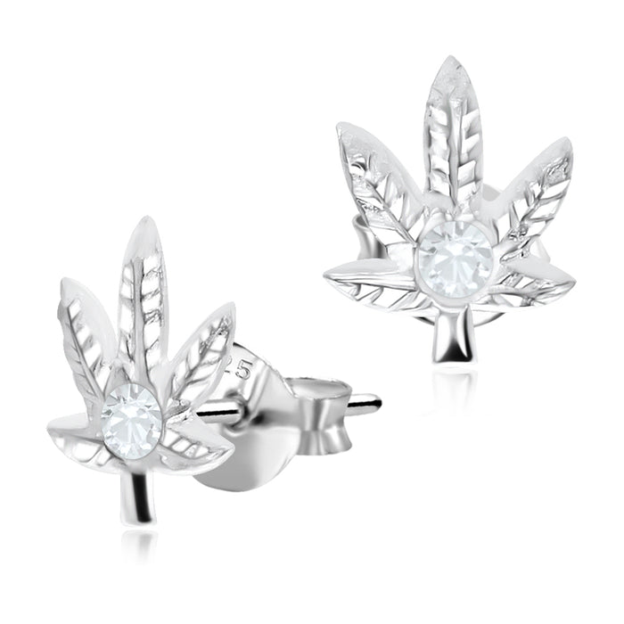 Joy|S - Zilveren wietblad oorbellen - 7.5 x 9 mm - kristal - oorknoppen