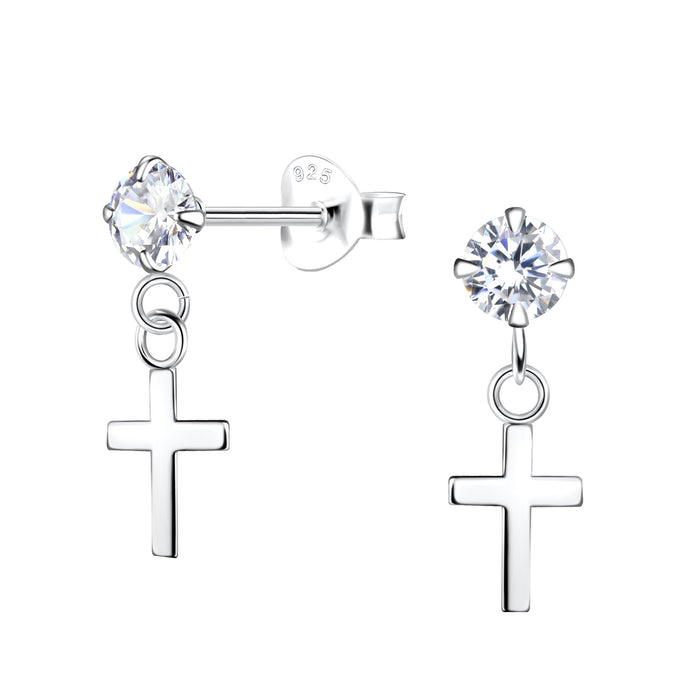 Joy|S - Zilveren kruisje bedel oorbellen - zirkonia - 5 x 15 mm - oorknoppen met bedel