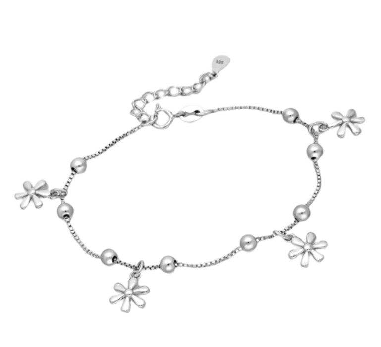 Joy|S - Zilveren armband - Venetiaanse schakel met bolletjes en bloem bedels - verstelbaar van 17.5 t/m 19.5 cm - gehodineerd / rhodium
