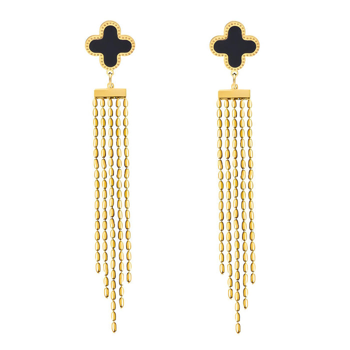 Joy Ibiza - klaver oorbellen met kettinkjes - waterproof - klaver zwart - vlinder sluiting - boho bohemian style - stainless steel - ip/pvd gold plated - hypoallergeen - geen verkleuring incl garantie - 10 mm x 100 mm