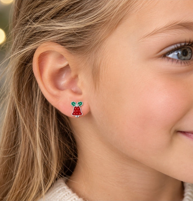 Joy|S - Zilveren kerst oorbellen - kerstklokje - rood met groen - kristal - 6 x 8 mm - klokje kinderoorbellen