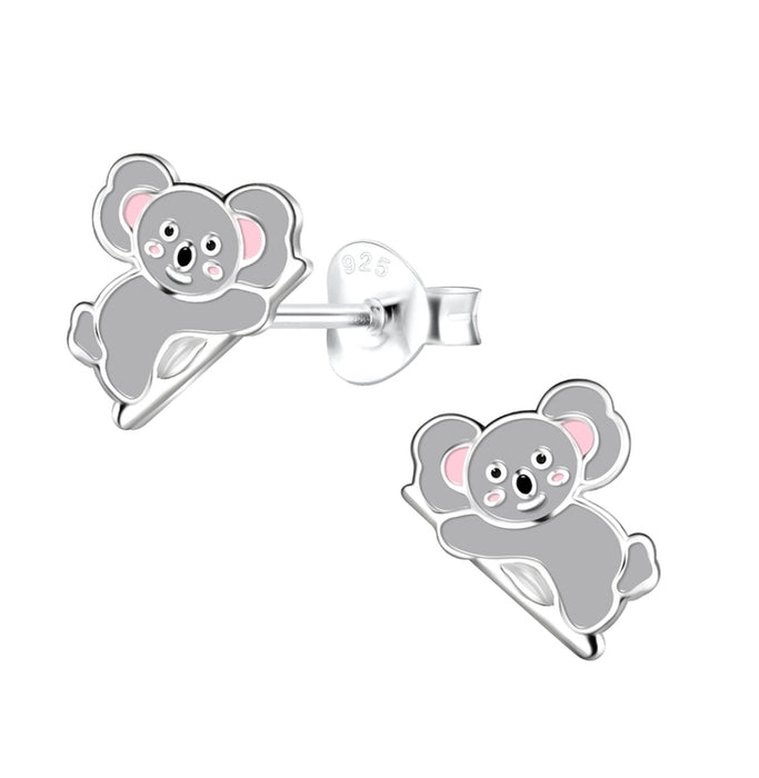Joy|S - Zilveren koala oorbellen - 9 x 7 mm - grijs met roze - kinderoorbellen