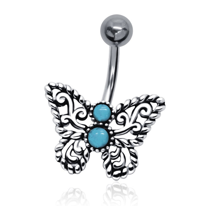 Joy|S - Navel piercing - Vlinder geoxideerd Sterling zilver 925 - Turquoise blauw - staaf 316L Chirurgisch staal
