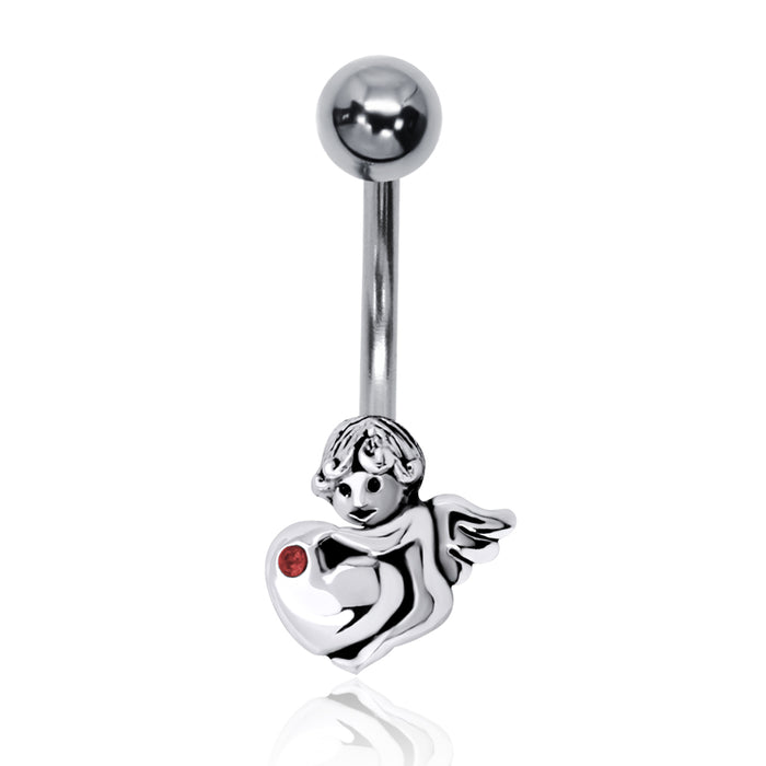 Joy|S - Navel piercing - Engel met hartje bedel Sterling zilver 925 - staaf 316L Chirurgisch staal - rood kristal
