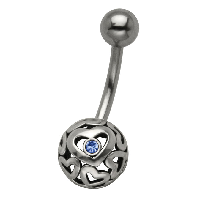 Joy|S - Navel piercing - Sterling zilver 925 bal met hartjes bedel - staaf 316L Chirurgisch staal - blauw kristal -