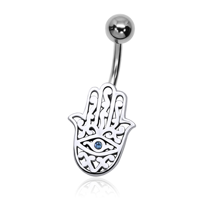 Joy|S - Navel piercing - Hamsa bedel Sterling zilver 925 - blauw kristal - staaf 316L Chirurgisch staal