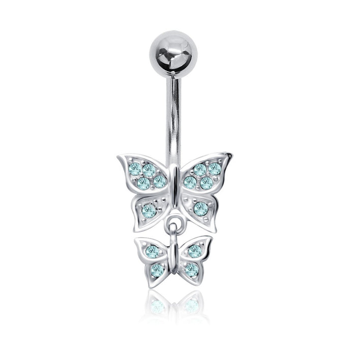 Joy|S - Navel piercing - Vlinder bedels Sterling zilver 925 - aqua blauw kristal - staaf 316L Chirurgisch staal