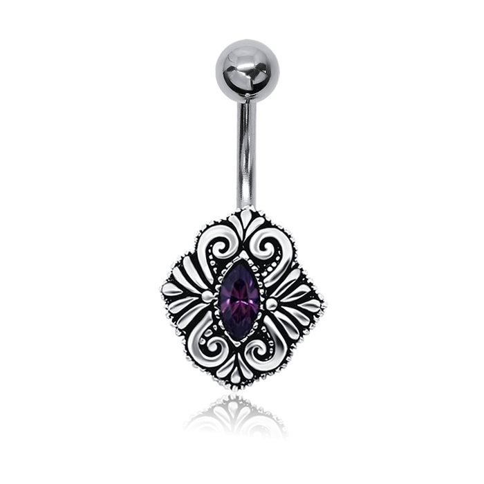 Joy|S - Navel piercing - Klassiek Sterling zilver 925 - paars marquise - geoxideerd - staaf 316L Chirurgisch staal