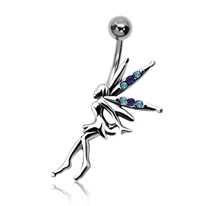 Joy|S - Navel piercing - Sterling zilver 925 elf bedel - staaf 316L chirurgisch staal - elfje met blauw kristal