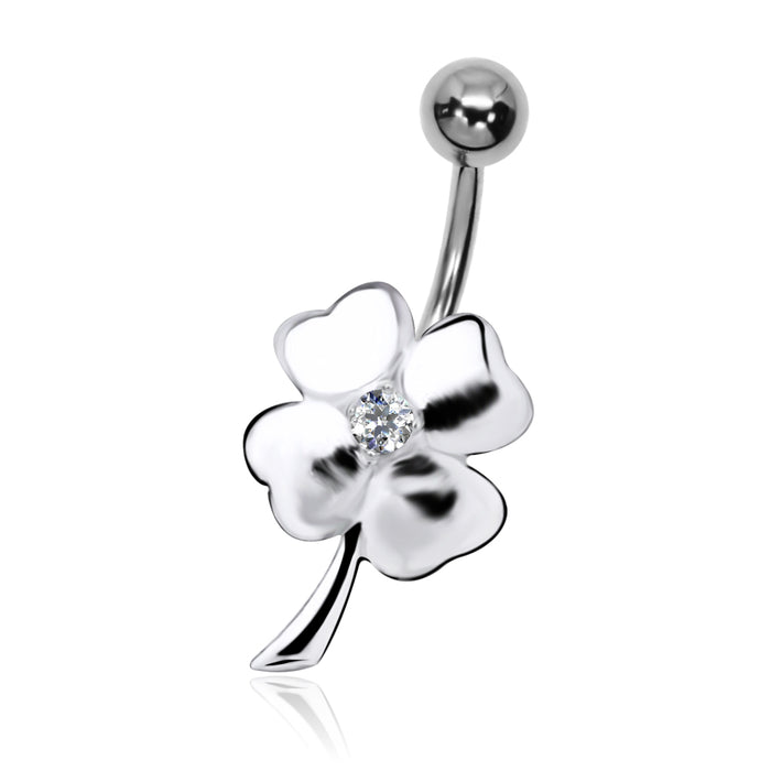 Joy|S - Navel piercing - Sterling zilver 925 klaver bedel - staaf 316L chirurgisch staal - klavertje vier met zirkonia