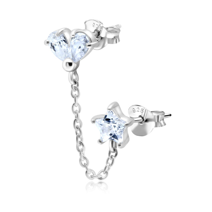 Joy|S - Zilveren hartje ster met kettinkje oorbel 3 cm kristal - 1 stuk