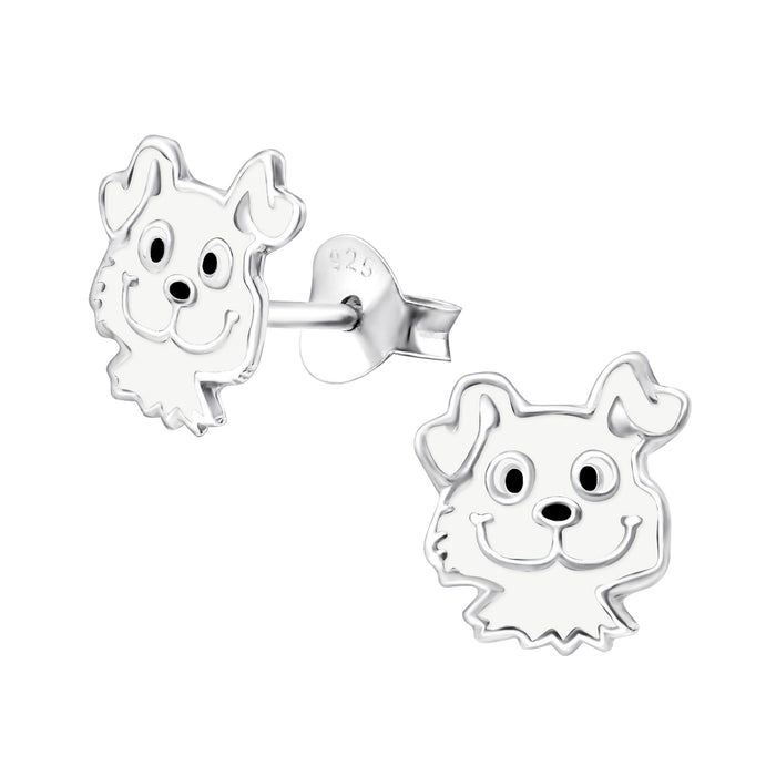 Joy|S - Zilveren hond oorbellen - 8 x 9 mm - wit - kinderoorbellen